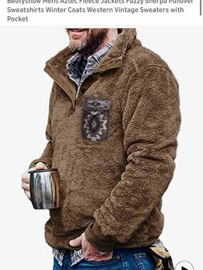 Men's Sherpa Fleece Pullover with Aztec Pocket - Brown